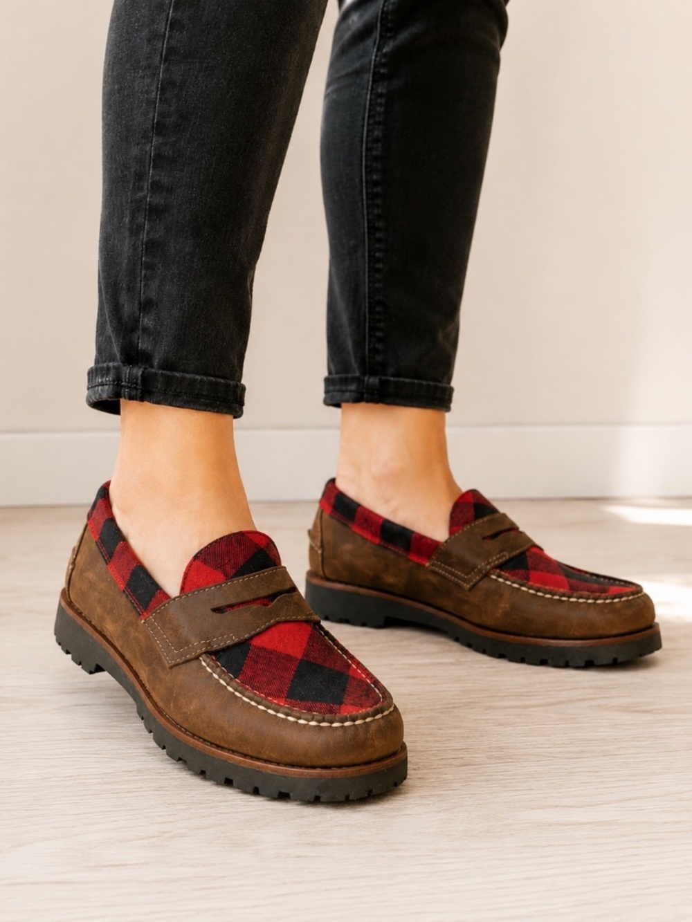Bass Americana Heritage Weejuns Buffalo Plaid Lug Sole Penny Loafers, Size 7.5